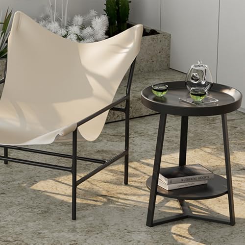 Gadroad Round End Table with Storage Shelf, 2 Tier Farmhouse Circle Side Table Nightstand Sofa Table for Living Room, Bedroom, Wood Tabletop & Black Metal Frame (15.7 * 15.7 * 23inches, Black)