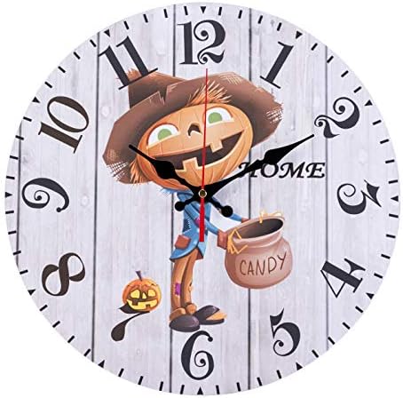 LOHAS Home 12 Inch Silent Vintage Design Wooden Round Wall Clock, Vintage Arabic Numerals Design Rustic Country Tuscan Style Wooden Decorative Round Wall Clock (Pumpkin Scarecrow)