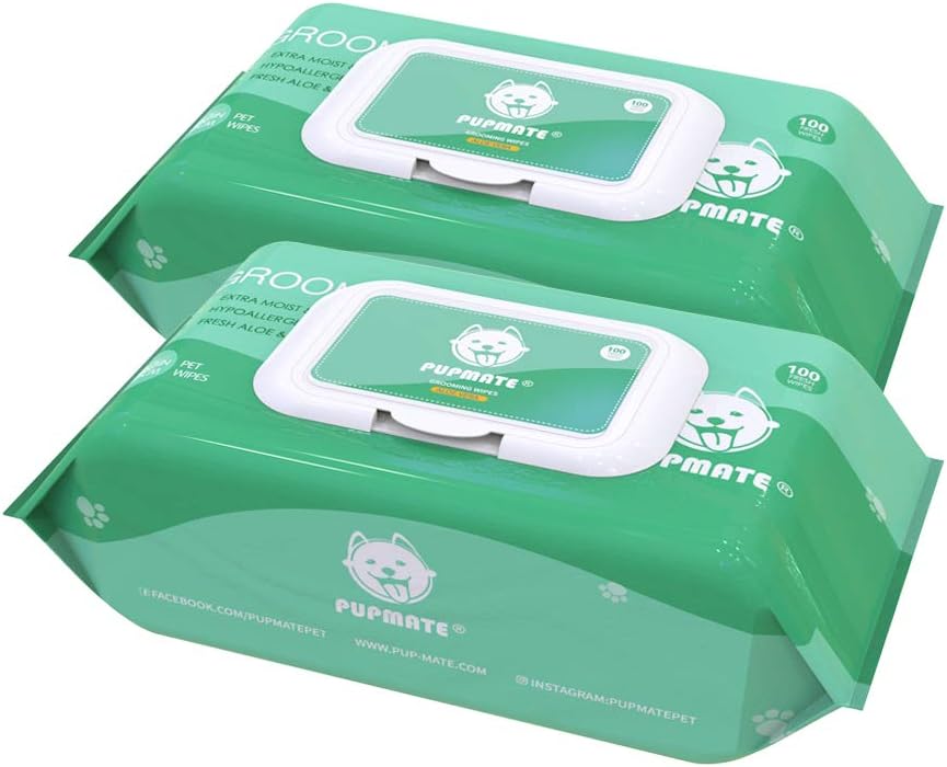 PUPMATE Pet Grooming Wipes, Extra Moist & Thick Deodorizing & Puppy Wipes for Dogs & Cats (Aloe Vera, 200 Count)