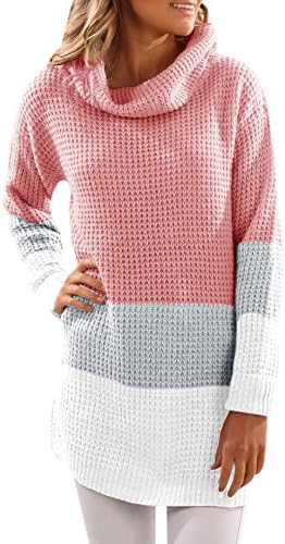 SUNMMWERY Women Color Block Turtleneck Knit Long Sleeve Sweater Pullover (Medium, Pink)