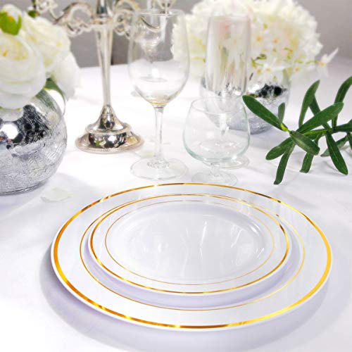 image for M MCIRCO 140 Piece Plastic Party Plates White Gold Rim, Premium Dispos