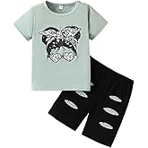 OLMRJKD Kid Toddler Girl Clothes Summer Short Sleeve Figure Graphic Tee Shirt + Shorts Summer Outfits Set