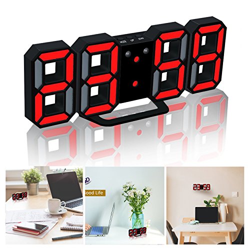 LED Digital Alarm Clock For Desk / Shelf / Tabletop, Modern Home Decoration 3D Wall Clock, Easy To Read at Night, Loud Alarm and Snooze, Big Digit Display (Black Frame, Red Light) - Thumbnail 4