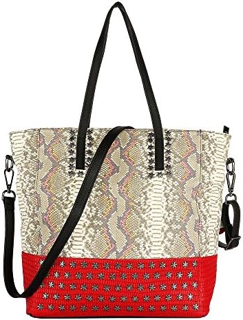 Snakeskin Pattern Genuine Leather Handbag Tote (Red)