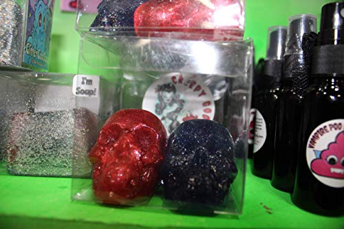 GET 2 JELLY SKULL SHAPED SOAP BARS 1 IN RED & 1 IN BLUE 2 DIFFERENT SCENTS THEY HOLD SHAPE AND LAST A VERY LONG TIME KIDS LOVE IT