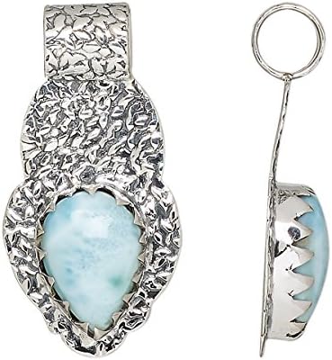 Pendant larimar (natural) and antiqued sterling silver 34x17mm hammered with 14x10mm teardrop