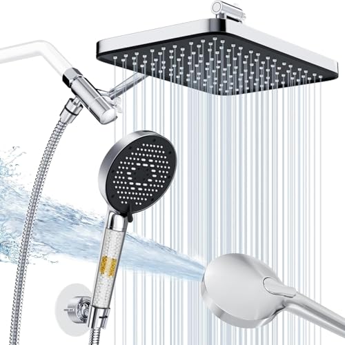 12 Inch Wide Rain Shower Head with Filtered Handheld Combo, High Pressure Rainfall Shower Head, 9 Spray Modes Handheld with 9-Inch Extension Arm, Comes with Filter Removes Chlorine (Chrome)