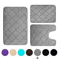 Buganda 3 Piece Memory Foam Bath Rugs Set - Extra Soft Velvet Non Slip Absorbent Bath Mats, Small Large Bathroom Rugs and Contour Mat, Grey
