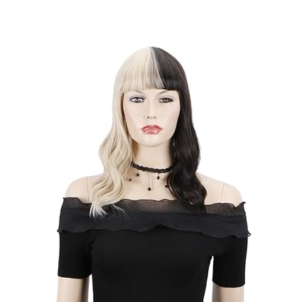 Amazon Com Creamily Half Blonde And Half Natural Black 2 Tone Dyed Hair Extensions Medium Short Curly Cosplay Wigs Beauty