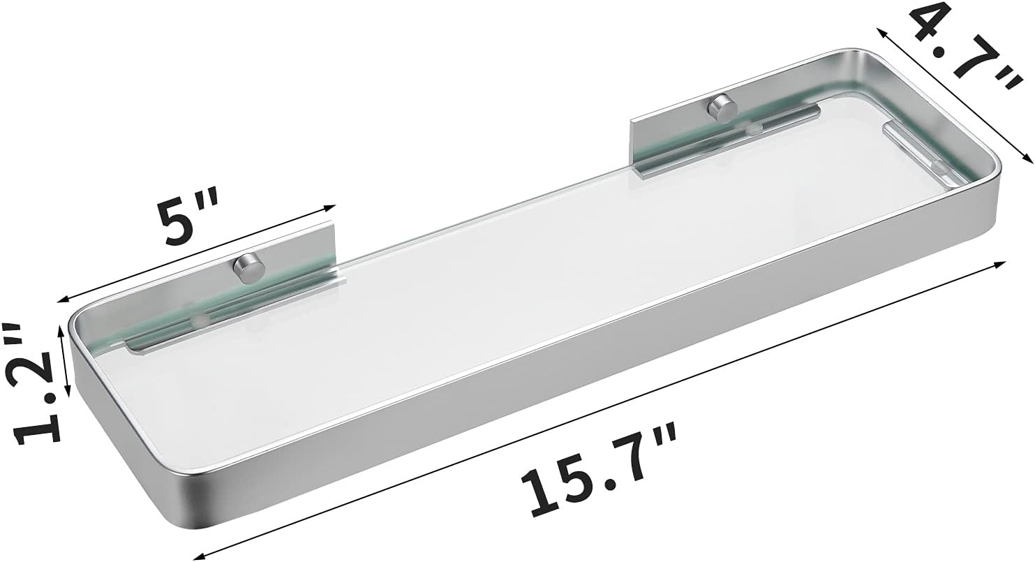 Bathroom Shelving Solution, Rectangular Tempered Glass Bathroom Shelf Wall Mounted, with Aluminum Frame, Shower Storage Organizer (16 inch, Matte Silver): Kitchen & Dining