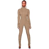 XLLAIS Women High Neck Zipper Ruched Bodycon Jumpsuit Tracksuit with Thumb Hole