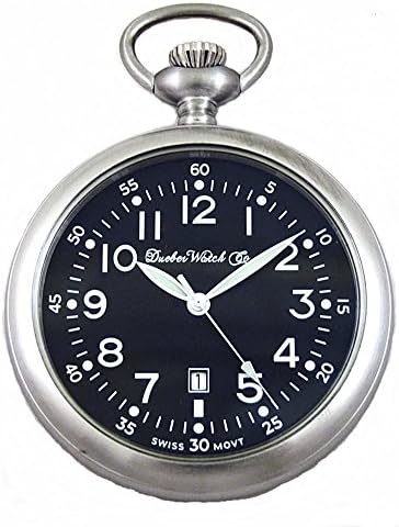 Dueber Swiss, Military Style Pocket Watch, Black Dial, Luminous Hands, Satin Steel
