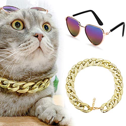 Legendog Cool Cat Dog Costume Fashion Metal Pet Dog Collar Cat Sunglasses Pineapple Print Dog Shirt for Cats and Small Dogs Adjustable Gold Dog Puppy Chain Collar Set (Multicolor1)