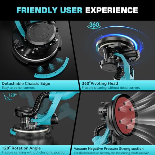 Drywall Sander with Vacuum Dust Collector, 1000W Popcorn Ceiling Removal Tool, Electric Drywall Sander with Digital Display Screen 9 Variable Speed 800-2100RPM, Foldable Extendable Handle