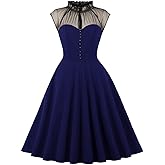 Women Ruffle High Neck Sheer Mesh A-line Bridesmaid Cocktail Party Dress Keyhole Front Sleeveless Patchwork Panel Illusion Dress Summer Casual Fit Flared Short Mini Swing Skater Dress Royal Blue XXL