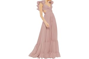 Lawrncedw Chiffon Ruffle Prom Dress for Women V Neck Long Bridesmaid Dresses Backless Formal Evening Gowns A Line