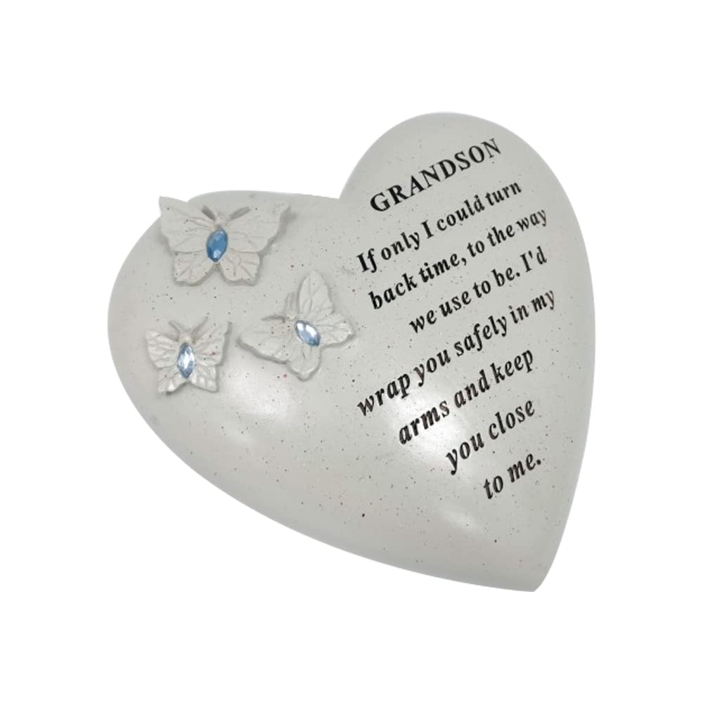 Personalised Grave Ornament/Memorial Plaque with Heart With 3 butterflies & Blue Gems | Graveside Decoration Gift in the Loving Memory of your Loving Deceased Ones (GrandSon)