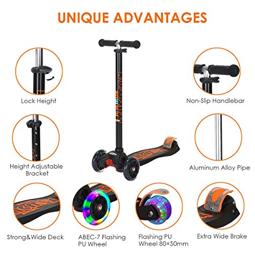 Banne Scooter Height Adjustable Lean to Steer Flashing PU Wheels 3 Wheel Kick Scooters Kids Boys Girls (Black)