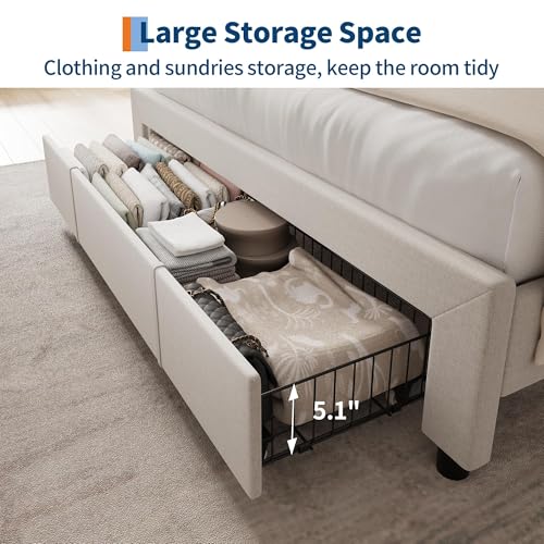 Queen Size Upholstered Bed Frame with Storage Headboard and Charging Station, Platform Bed Frame with Metal Drawers, Heavy Duty, No Box Spring Needed, Easy Assembly, Beige
