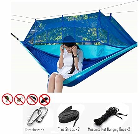 TOMTU Lightweight Nylon Camping Hammock with Mosquito &amp; Bugs Net, 210T Parachute Fabric Double Hammock with Tree Straps – 440lbs Great for Indoor Travel Adventure Hiking Beach Yard Blue