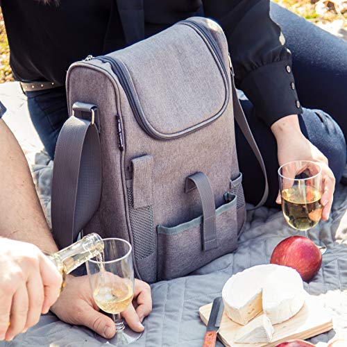 Insulated Travel Wine Tote Bag: Portable 2 Bottle Wine and Cheese Waterproof Black Canvas Carrier Bag Set with Picnic Backpack Kit (Heather Grey)