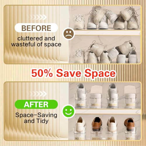 SUSOO 8 Pcs Double Shoe Slot Organizer, Adjustable Highth Shoe Stacker for Pair of Shoes, 50% Space-Saving Double Deck Shoe Rack Holder, Thickening Stability Clear Shoe Organizer for Closet Storage