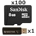 100 PACK - SanDisk 8GB MicroSD HC Memory Card SDSDQAB-008G (Bulk Packaging) LOT OF 100 with USB 2.0 MicoSD & SD Memory Card Reader 