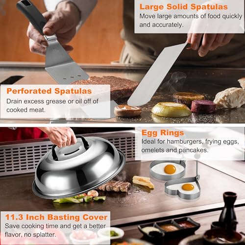 grilljoy Grill Accessories Set, Smash Burger Kit with Spatula Set, Smash Burger Press, Gift Plancha Kit Dad Men, 28 Pieces Utensils for Fire Bowl, Teppanyaki, Outdoor Barbecue, Camping