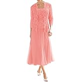 Mother of The Bride Dresses for Wedding Tea Length Lace Chiffon Formal Dress 2 Piece Grandmother Dresses with Jackets
