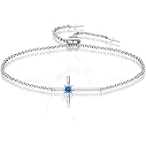 LOCIBLO Birthstone Bracelets for Women 925 Sterling Silver Dainty Octopus Star Cross Pendant Created Gemstone Crucifix Jewelry for Her, 8"