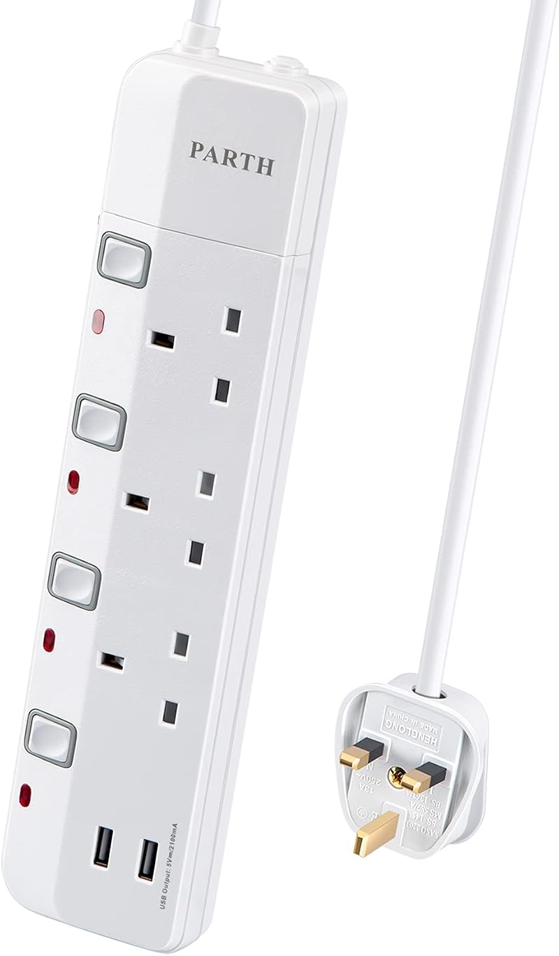 PARTH 2M Extension Lead with USB Slots 3 Way 13A 2 Metre 3 Gang