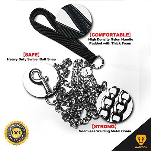 WATFOON 6ft 13mm Giant Chain Leash for Heavy Duty Dogs with Comfy Padded Handle (6.0FT) with 2 FREE Gifts: LED Dog Safelight & Dog Safe Walking Wristband (Black Handle)
