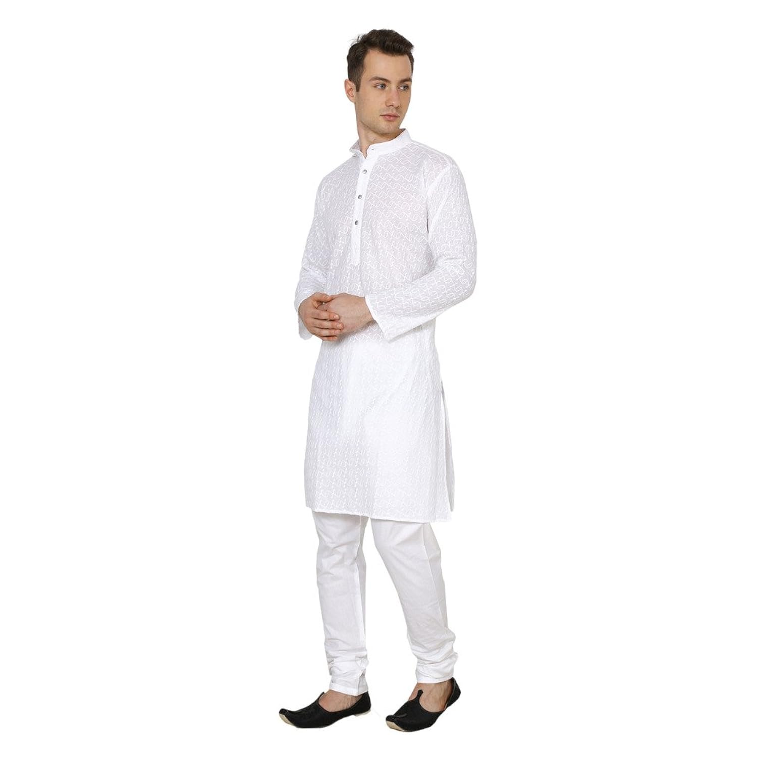 royal men's lucknowi white chikan embroidery kurta churidar