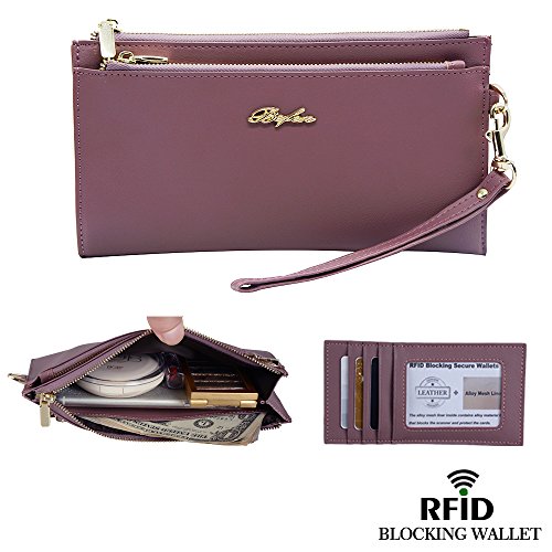 Befen Women's Soft Leather RFID Blocking Wristlet Cellphone Clutch Wallet, Smartphone Wristlet Wallet - Pale Pinkish Purple