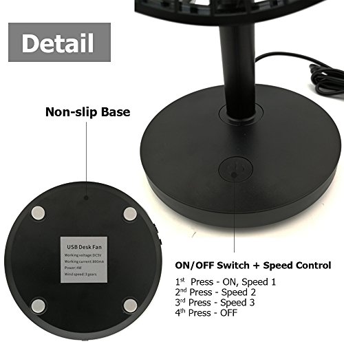 Mini USB Table Desk Personal Fan, leapara Portable Air Circulator Fan, Noiseless Fan, 3 Speeds, 30° Up and Down Adjustable, Powerful Fan for Home and Office, Black