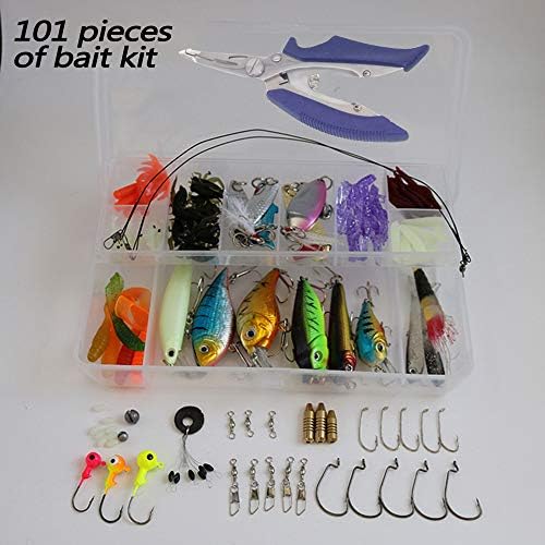 LOONFREE Fishing Lures Set- 101 PCS Portable Fun Fishing Baits Kit Set with Tackle Box with Hooks Bass Metal Baits Sinker Soft Plastic Worms Scissors Swivel Grub and More