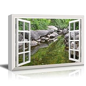 Canvas Print Wall Art - Window Frame Style Wall Art - Clear Spring, Big Rock and Green Trees | Giclee Print Gallery Wrap Modern Home Decor. Stretched & Ready to Hang - 24" x 36"