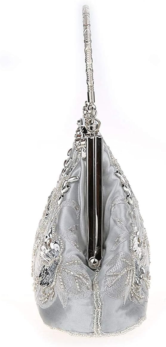 MMYOMI Vintage Floral Beaded Rhinestone Embroidery Clutch Sequin Wedding Party Prom Bag Bridal Ladies Crossbody Evening Handbag (Silver) - Image 4