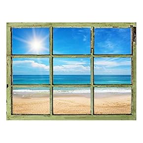 Window View Wall Mural - Blue Calm Ocean Under Sunny Sky - Vintage Style Wall Decor - Peel and Stick Adhesive Vinyl Material - 24x32 inches