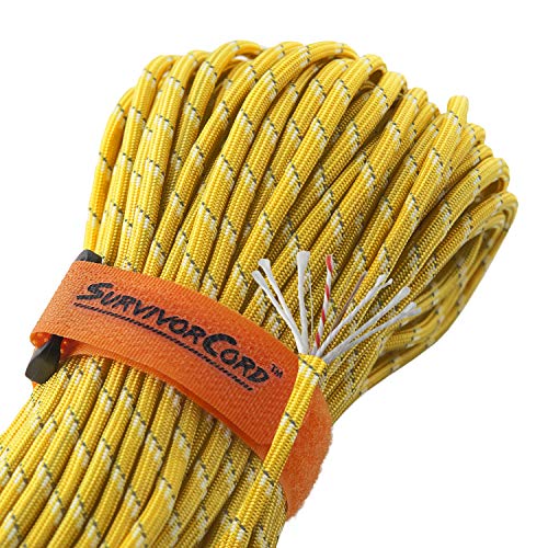 Titan SurvivorCord | Reflective Yellow | 103 Feet | Patented Military Type III 550 Paracord/Parachute Cord (3/16" Diameter) with Integrated Fishing Line, Fire-Starter, and Utility Wire.