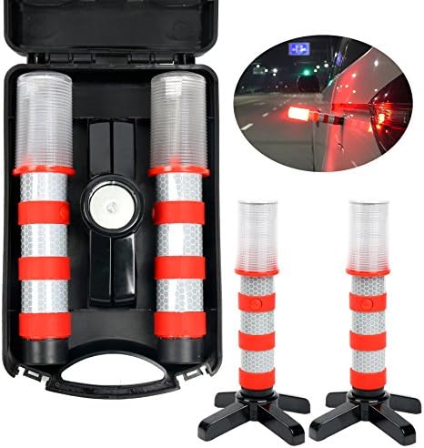 YaeTact LED Emergency Roadside Flashing Flares Safety Strobe Light - Pair. Road Warning Beacon , Magnetic Base, Detachable Stand, Storage Case (Battery Not Included)