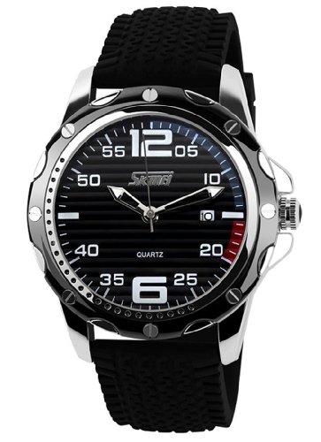 Skmei Men's Black Dial Black Silicone Strap Waterproof Sport Quartz Wrist Watch