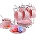 Sumerflos Porcelain Embossed Tea Coffee Cup and Saucer Set, Bone China Tea Set with Saucer and Spoon, Set of 6 (6oz) (Pink)