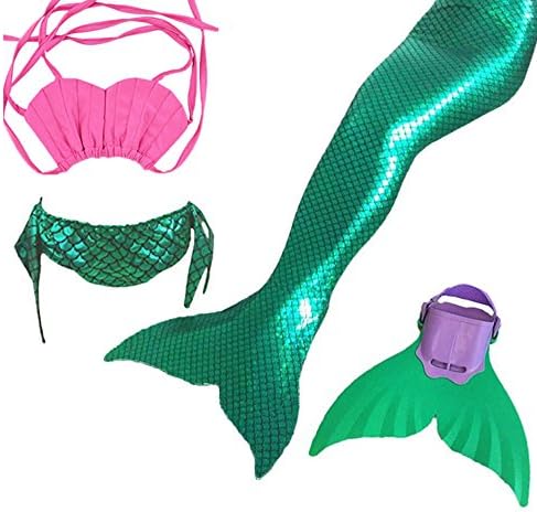 Little Girl's Sparkle Mermaid Tail with Monofin Swimmable Swimwear 4pcs Set Bikini Swimsuit (green, 10(120-130cm))