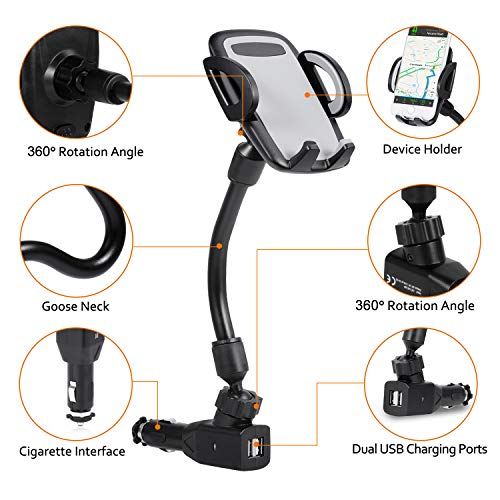 3-in-1 Car Mount, Amoner Cigarette Lighter Cell Phone Holder with Dual Port USB Charger, Adjust Gooseneck and 360Â° Rotation Compatible iPhone 11 X 8, Galaxy S9 S8, Mate20 P30, GPS and More
