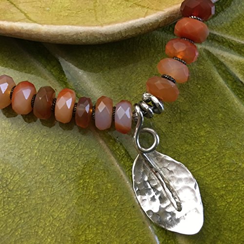 JANECKA Handcrafted Leaf Pendant -Natural Carnelian Gemstone - 18 Inches - Sterling Silver