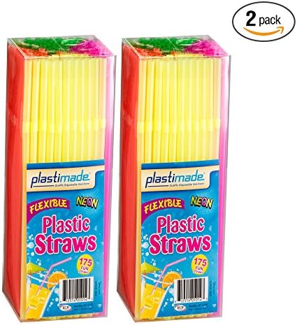 Plastimade Flexible 175 Count Disposable Drinking Straws, Neon Pack Of 2