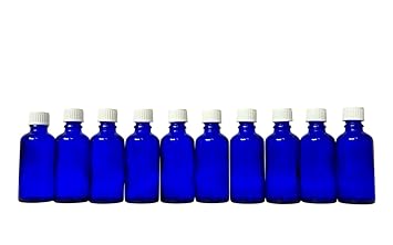 10 x Blauglas Flasche je 50 ml mit DIN18 Gewinde & Deckel