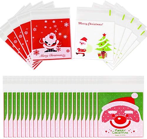 Aurorali Christmas Treat Bags, 300 Pieces Cookie Bag Self Adhesive Resealable OPP Cellophane Bags for Cookie Bakery Chocolate Candy Snack Sweets Gifts, 3 Patterns