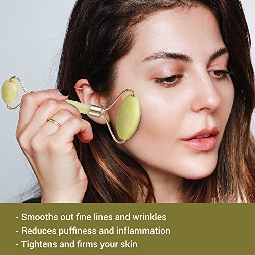 Jade Roller for Face + Convenient Mask Applicator Brush, 100% Real Natural Jade Stone roller, Anti-Aging Jade Beauty Skin-care Tool to Rejuvenate Facial Skin Cooling, Slimming & Firming - Thumbnail 2